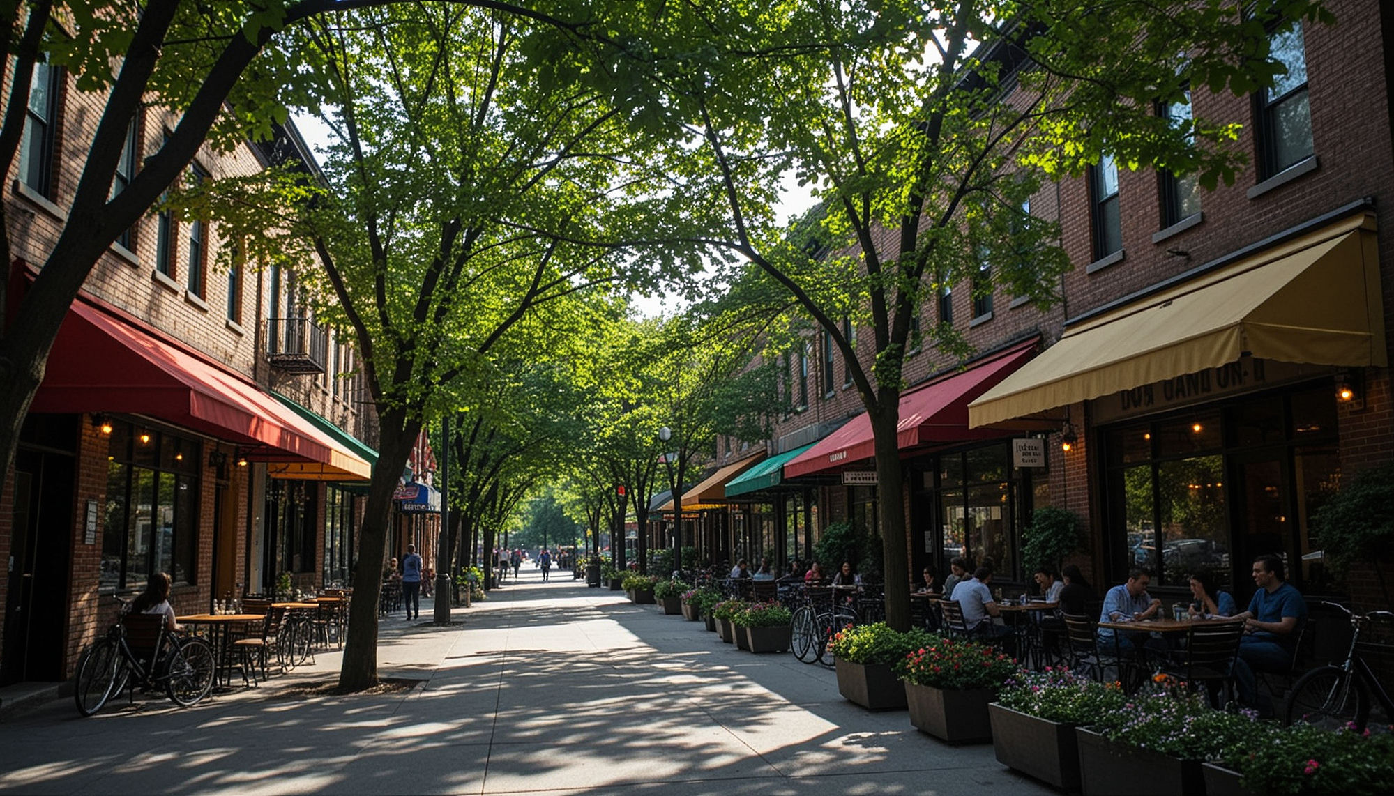Cafe and restaurant patio strip along Queen Street East in Riverside, Toronto
