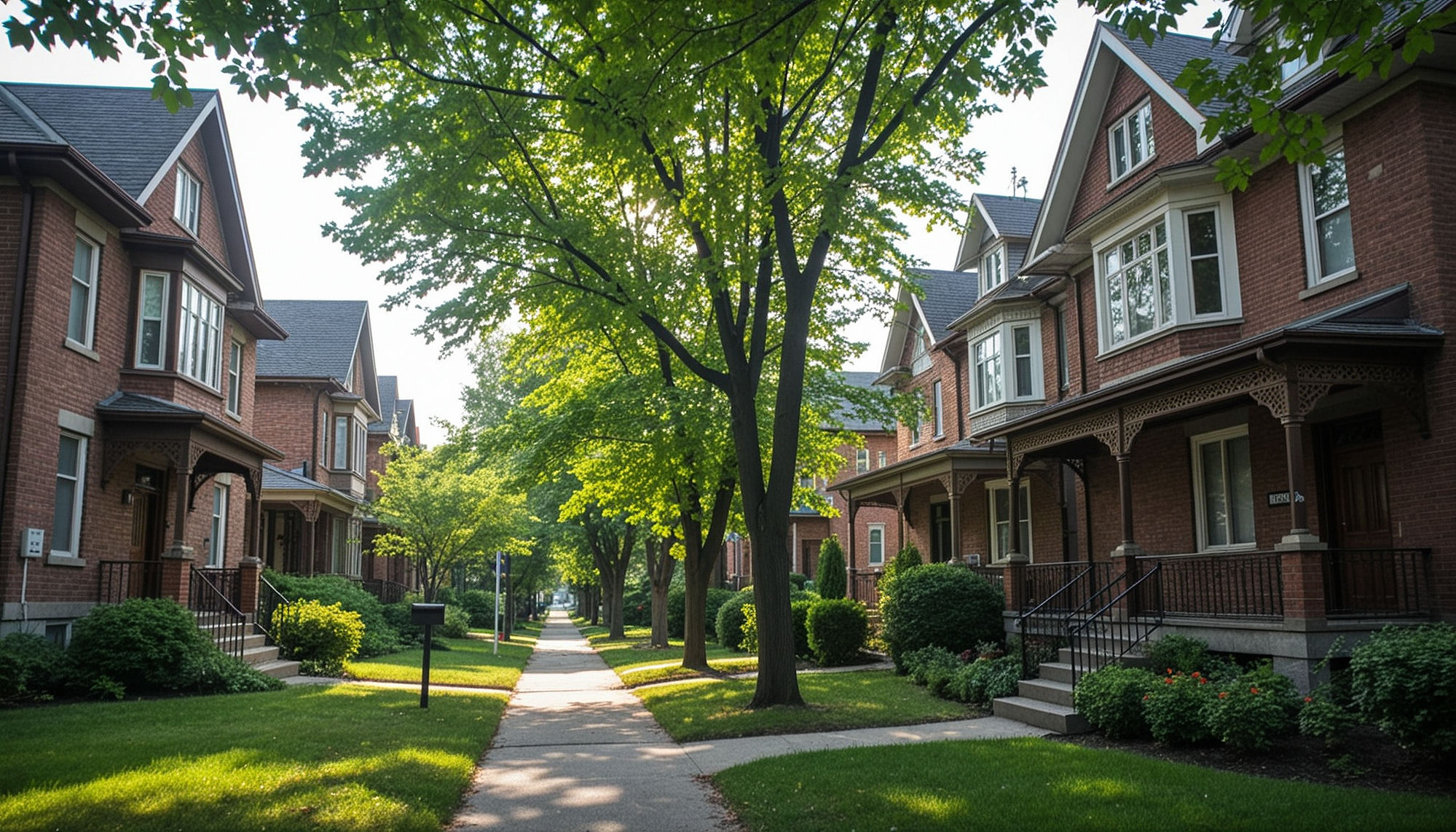Tree-lined street with Victorian semi-detached homes in Riverside, South Riverdale, Toronto