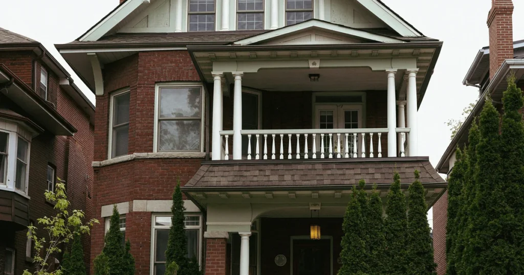 Red brick semi-detached homes with front porches on a tree-lined street in Danforth Village, East Toronto